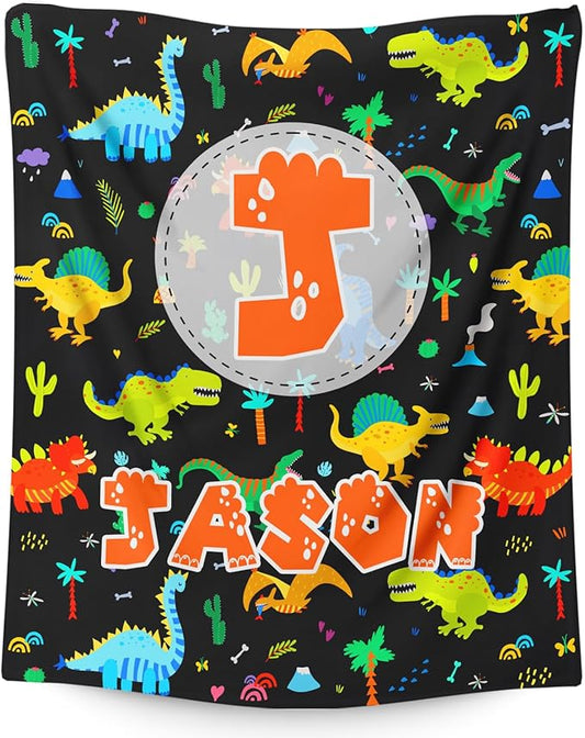 Dinosaur Boys Blankets, Personalized Initial Monogram Blanket for Kids Toddlers, Cute Throws Blanket Gift, Soft Cozy Flannel Throw for Sofa Bed Couch Decor