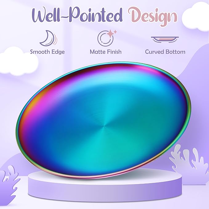 HaWare 4-Piece 18/8 Stainless Steel Plates, Metal 304 Dinner Dishes for Kids Toddlers Children, 8 Inch Colorful Feeding Serving Camping Plates, Reusable Dinnerware, Non-toxic, Dishwasher Safe, Rainbow