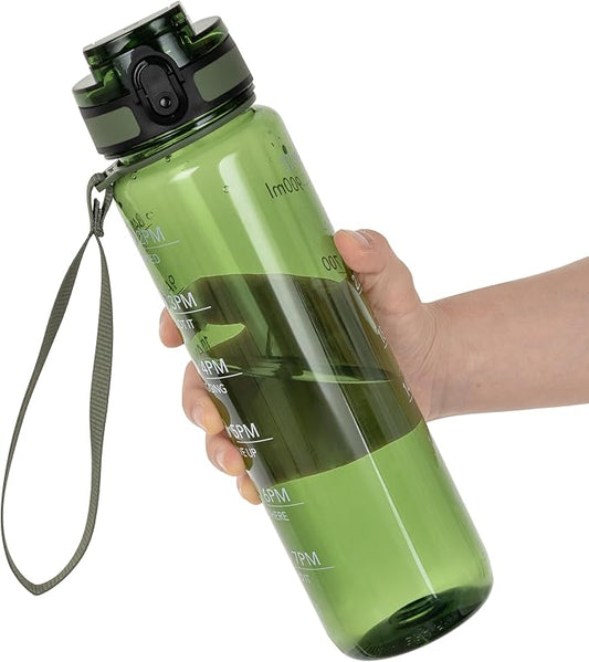 OLDLEY Water Bottle 32oz, Durable and Leakproof Water Bottles Motivational with Time Marker, Tritan, BPA Free, Wide Mouth, Gym, Travel, Home, School, Office, Olive (1 Bottle)