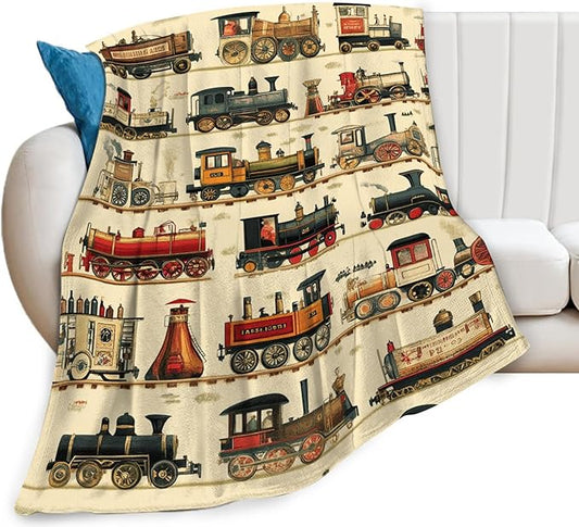 Train Blanket, Steam Train Blanket, Vintage Car Gifts Blankets Stuff Fleece Flannel Plush for Boys Men Women Girls Lovers Adults Soft Bedding Gift for Sofa Bed Office Home Decor 60"x50"