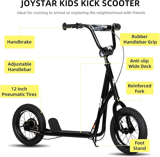 JOYSTAR Kick Scooter for Ages 5-9 Years Old Boys Girls, 12 Inch Big Wheels Scooters for Kids, Teens and Adults, Rear Brake and Adjustable Handlebar, Kids Scooter
