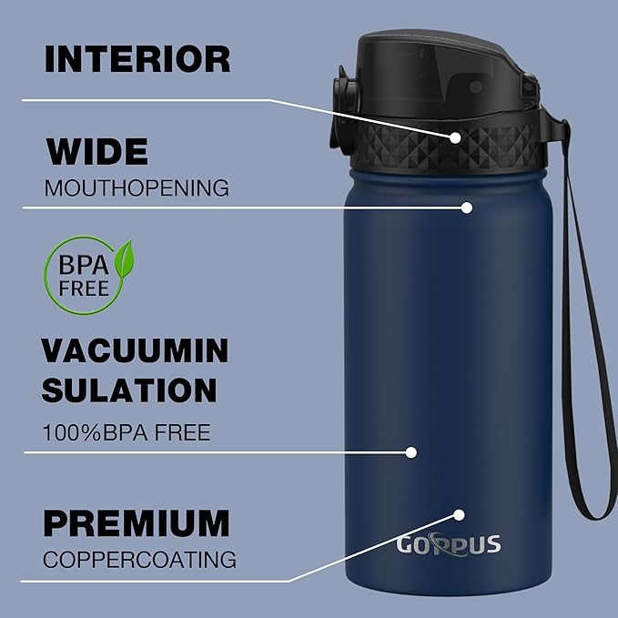 Kids Water Bottle, GOPPUS 14 Oz Stainless Steel Travel Bottle, Double Wall Vacuum Leak Proof Kids Cup for School Boys Girls, Navy Blue