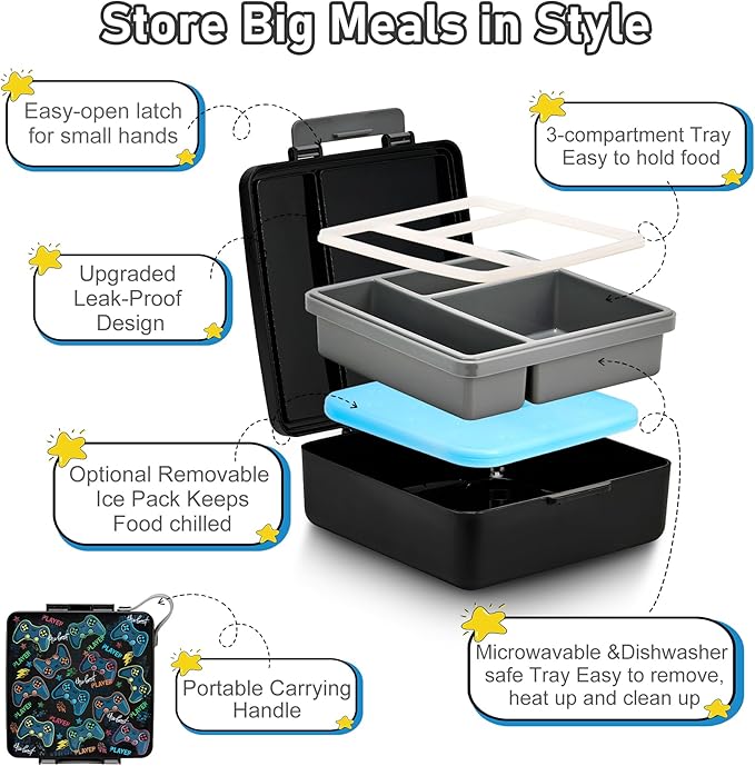 Bento Lunch Box for Kids with 17oz Soup Thermo,Insulated Tumbler Water Bottle and Insulated Lunch Bag,Leak-Proof 3 Compartment Lunch Food Container with Ice Pack for Kids to School-Game Console