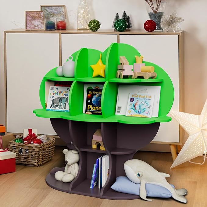 Green Tree Kids Bookshelf Toddler Bookcase 4-Tier Baby Book Rack Children Toy Storage Organizer Forest Wood Display Shelf for Nursery Playroom Bedroom Classroom School Homeschooling Boy Girl’s Gift