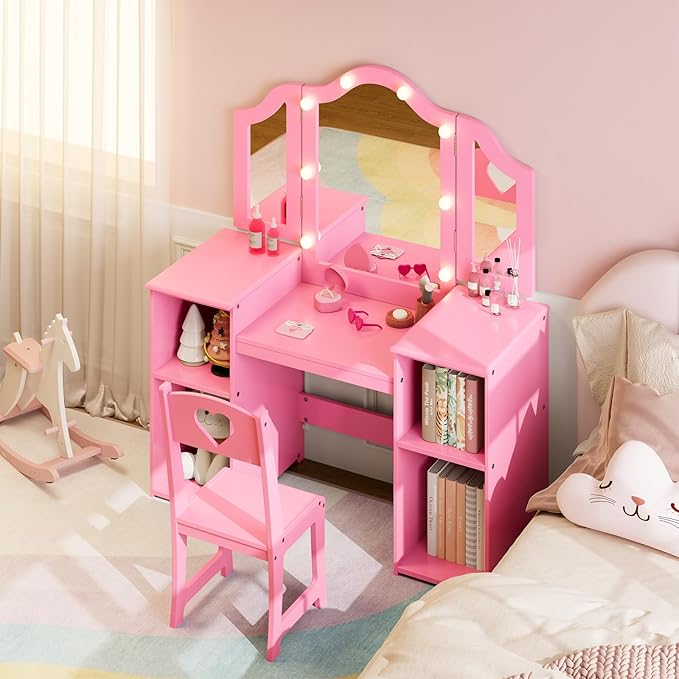 Kids Vanity with Lights,Princess Makeup Desk and Chair with Tri-Fold Mirror,Open Bookshelf, Storage Cabinet,Toddler Vanity,Pretend Play Dressing Table for Little Girls,Pink