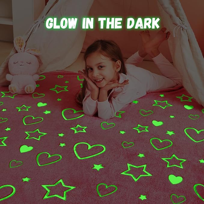 Glow in The Dark Heart Blanket,Heart Gifts Toys for Girls, Birthday Presents Decor for Kids Age 3-14 Year Old Daughter Teen Child Toddler Soft Luminous Christmas Bedroom Throw Blanket 50"x60"