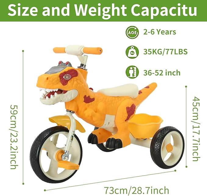Dinosaur Kids Tricycle for Rider, Toddlers 2-6 Years - Trike Bike with Music, LED Lights, Storage Basket & Rubber Wheels | Indoor/Outdoor Big Wheels Bike Gift for Boys & Girls (Yellow)