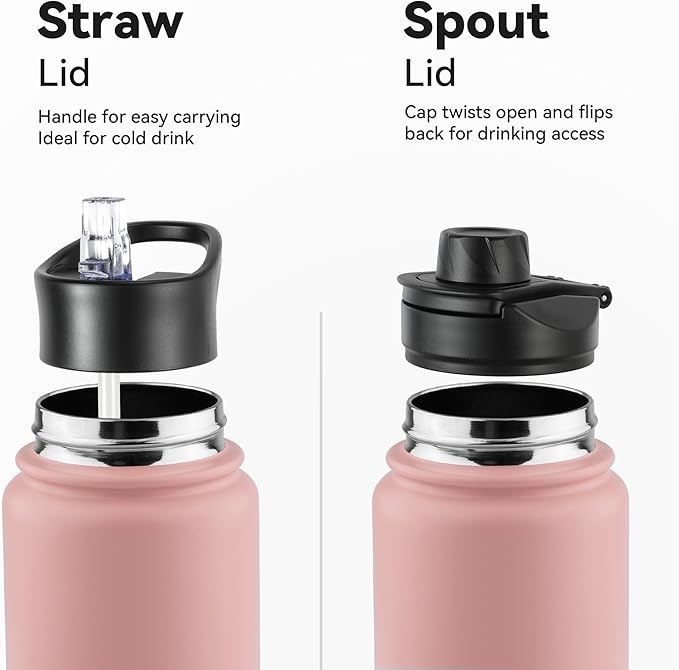 VEGOND 40 oz Insulated Water Bottle Stainless Steel Metal Water Bottles with Leak Proof Straw Lid & Spout Lid, Wide Mouth Double Walled Vacuum Travel Sports Bottle,Pink