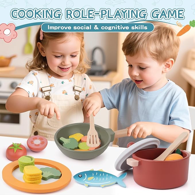 Wooden Play Kitchen Accessories - Pretend Play Food for Toddlers with Dishes Pots & Pans for 3 Year Old, Cutting Fruits Vegetables Toys Birthday Xmas Stocking Stuffers Gifts for Boys Girls 4 5 6