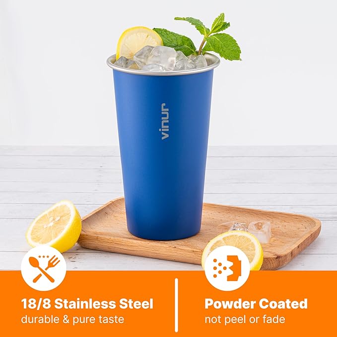 VINUR 4 Pack Stainless Steel Cups 20 oz Pint Tumbler Stackable Metal Drinking Glasses for Travel, Camping, Outdoors (Green-Black-Teal-Navy)