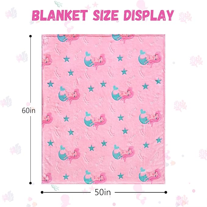 Glow in The Dark Mermaid Blanket,Mermaid Gifts Toys for Girls, Birthday Presents Decor for Kids Age 3-14 Year Old Daughter Teen Child Toddler Luminous Christmas Bedroom Throw Blanket 50"x60"