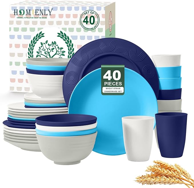 Homienly 40 PCS Wheat Straw Plates and Bowls Sets, Cups Sets, Service for 8, Unbreakable Microwave and Dishwasher Safe Dinnerware Sets,Reusbale Plastic Dishes Set - Island, Matte