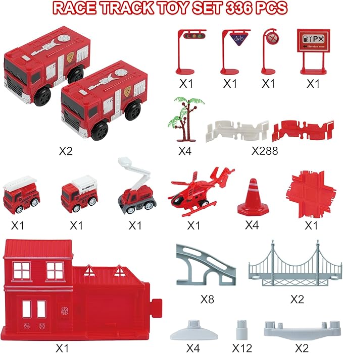 Race Car Track Set for Kids - Flexible Educational DIY Track Toy, Best Birthday Gift for Boys Ages 3 4 5 6 7, 330+ PCS with Fire Trucks and Helicopter