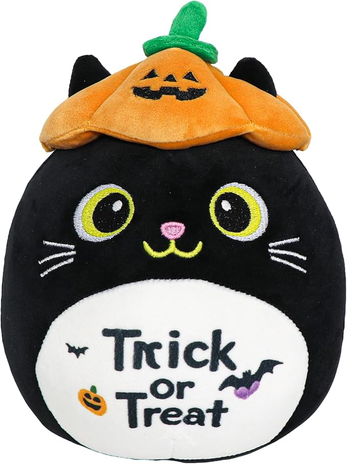Halloween Stuffed Animal, Halloween Plush Black Cat with Pumpkin Hat, Cute Plushies for Kids Gift