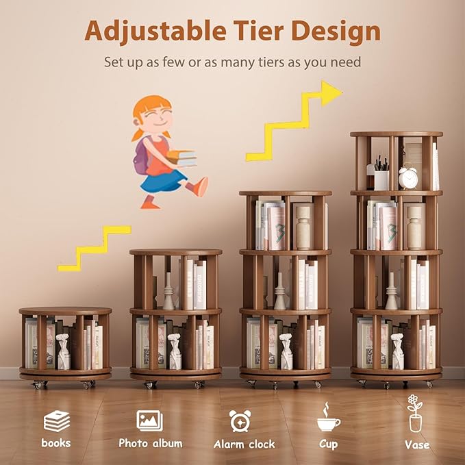 Solid Wood Rotating Bookshelf on Wheels, 4 Tier, Round Revolving Bookcase, 360° Spinning Book Shelf Tower for Kids, Narrow Rolling Bookshelves for Small Space, Corner, Bedroom, Office, Walnut