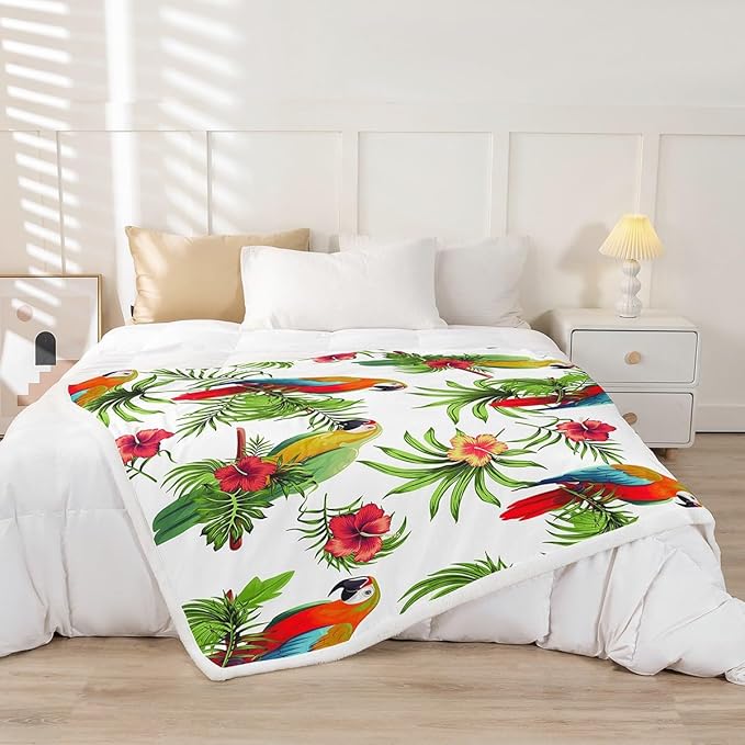 Palm Leaves Plush Throw Blanket for Kids - Parrots & Exotic Birds, Sherpa, Hibiscus Flowers, Fuzzy, Colorful Room Decor, King 87x95 Inch