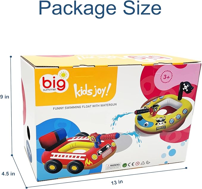 2 Pack Inflatable Kids Pool Floats with Water Gun, Pool Toys for Kids Ages 4-8, Blow Up Toddler Pool Floats, Swimming Pool Game Toys, Fire Truck and Pirate Ship Floaties for Boys Girls and Child