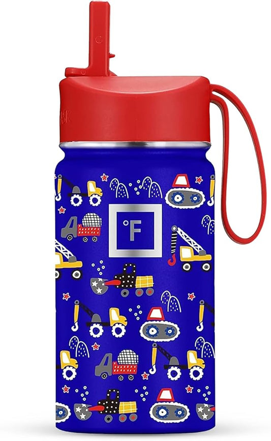IRON °FLASK Kids Water Bottle - Straw Lid, 20 Name Stickers, Vacuum Insulated Stainless Steel, Double Walled Tumbler Travel Cup, Mug - Construction Zone, 14 Oz