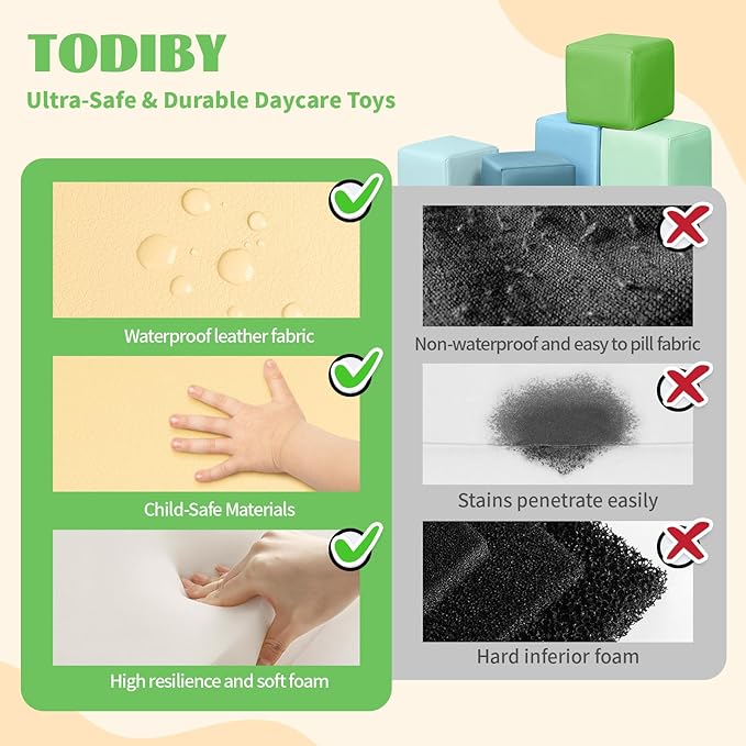 Foam Building Blocks for Toddlers：12-Pieces Wipeable Leather Stacking Cubes Kids - Large Soft Toys Play Set for Learning Construction Baby Preschool Daycare Therapy Birthday Gift (Yellow Green)