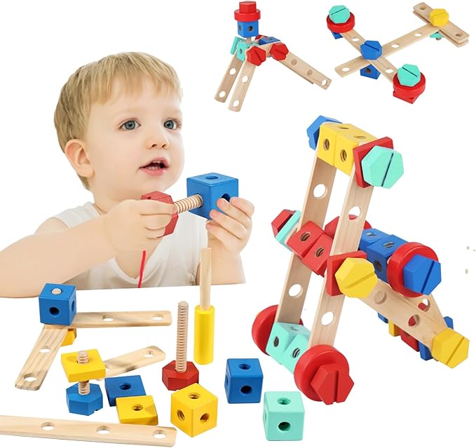 Wooden Nut & Bolt Building Toy for Kids Montessori STEM Construction Set with Tools, Educational Building Blocks for Toddlers Ages 3+ (Boys & Girls)