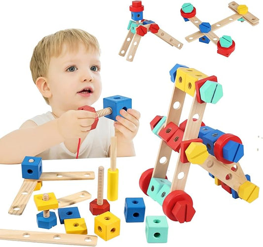 Wooden Nut & Bolt Building Toy for Kids Montessori STEM Construction Set with Tools, Educational Building Blocks for Toddlers Ages 3+ (Boys & Girls)