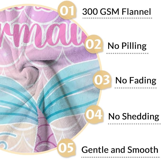 Personalized Mermaid Tail Blanket with Name - Soft, Fuzzy & Warm - 50"x60" Throw Size Blanket for Bed, Couch, Sofa - Colorful Cute Throw Gifts for Girls