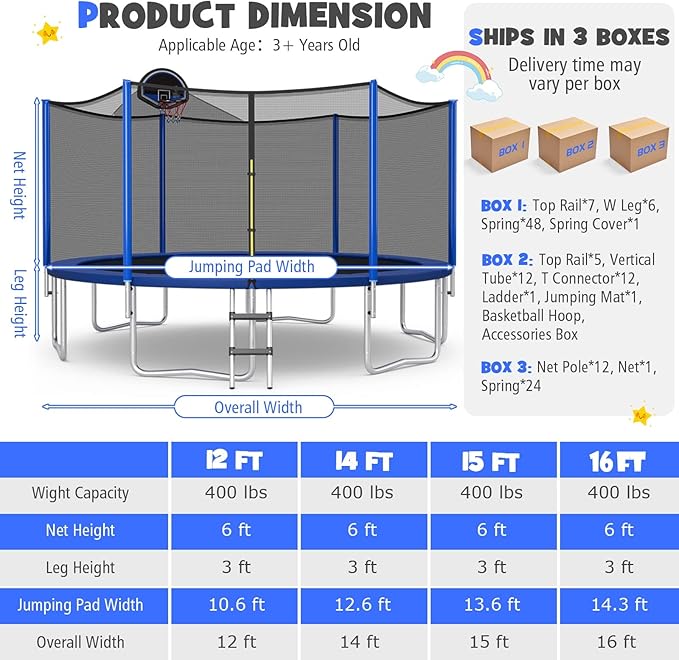 GYMAX Trampoline for Kids, ASTM Approved 12FT 14FT 15FT 16FT Recreational Toddler Trampoline with Enclosure Net, Basketball Hoop, Basketball & Pump, Rebounder for Adults