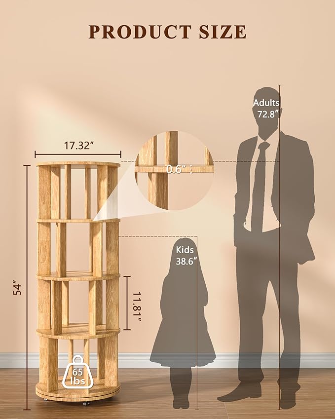 4-Tier Solid Wood Rotating Bookshelf on Wheels, 360° Spinning Book Shelf Tower, Round Revolving Bookcase Organizer, Rolling Bookshelves for Small Spaces, Corner, Bedroom, Kids Room, Office, Natural