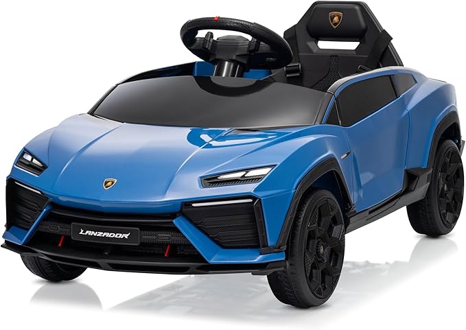 Kidzone Kids Electric Ride On 12V Licensed Lamborghini Lanzador Battery Powered Sports Car Toy with Parent Remote Control & Manual Drive, Bluetooth, LED Lights&Music - Blue
