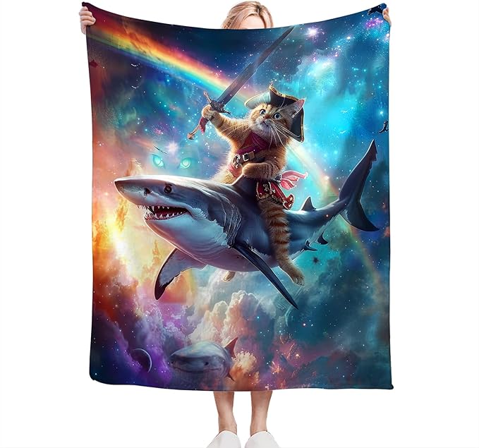 Funny Cat Blanket Fleece Soft Warm Plush Cat Shark Space Galaxy Throw Blanket Lightweight Plush Fuzzy Cozy Kitten Blankets for Boys Girls Kids Adult Suitable for Couch Sofa Bed 60"X50"