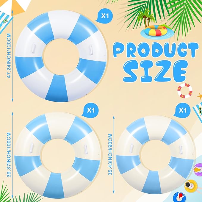 3 Pcs Large Swim Ring with Handles Set 47.24" 39.37" 35.43" Inflatable Pool Inner Tube Classic Striped Pool Ring Floats for Adults Teens Summer Lounger Beach Party Supplies