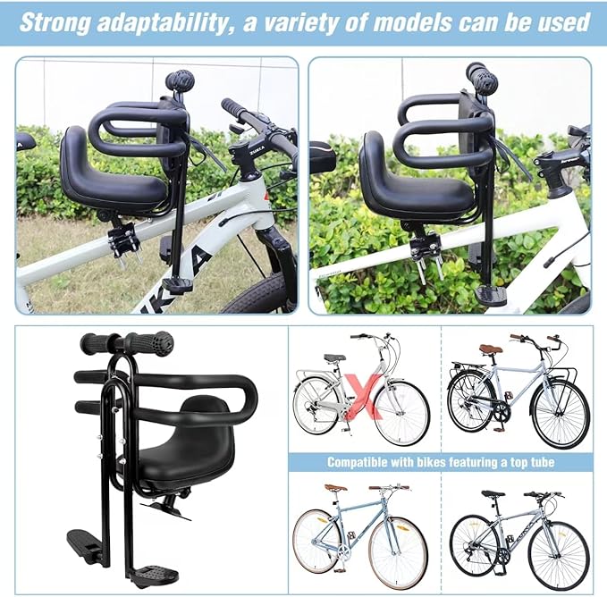 Child Bike Seat - Front Mount, Kids Bike Seat for Adult Bike,Retractable Baby Bike Seat Front Mounted, Toddler Bike Seat for Children 8 Months~4+ Years Old, Brown/Black