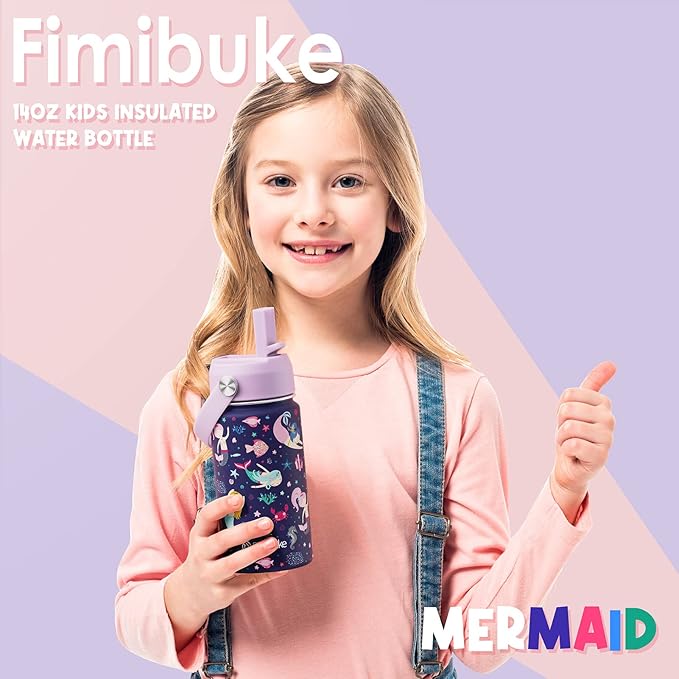 Fimibuke Kids Insulated Water Bottle, 14oz BPA FREE 18/8 Stainless Steel Travel Tumbler Double Wall Vacuum Leak Proof Kids Cup with Straw Metal Water Bottle for School Boys Girls(1 Pack, MERMAID)