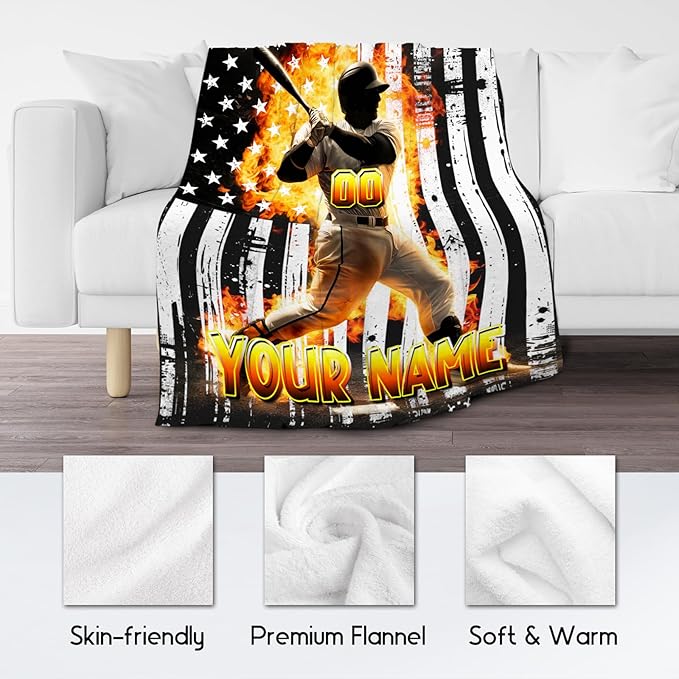 Baseball Blanket for Boys, Custom Blankets Gifts for Kids, Personalized Sports Throw with Name, Soft Fleece Throw for Men & Adults, 60"x80"
