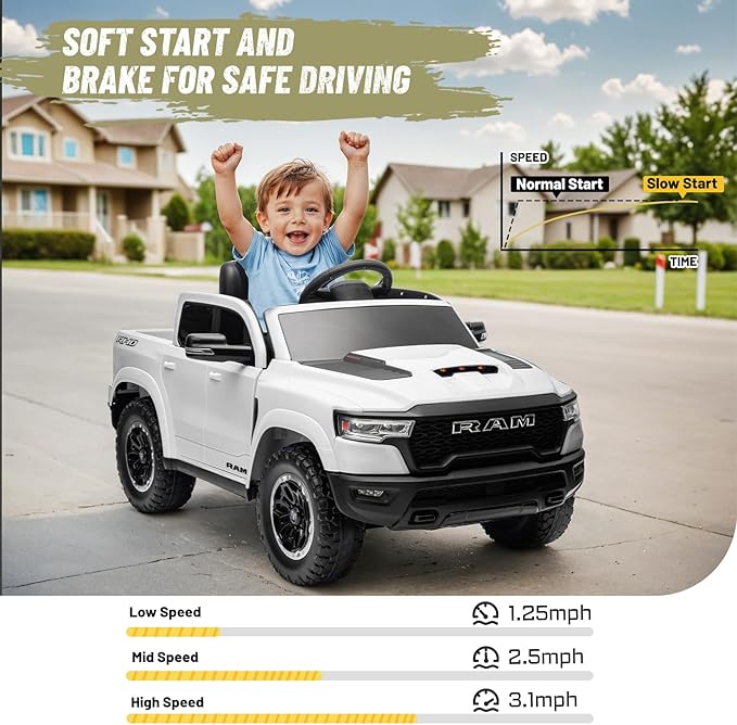 Ram 1500 Ride on Toys for Kids 4-8, Ride on Pickup Truck for Toddlers with Remote Control,12V Battery Powered Car with Trunk, Bluetooth, Music, Safety Belt (White)