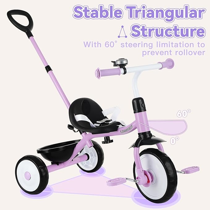 Liberry 2 in 1 Toddler Tricycle Age 2 3 4 Years Old, Kids Trike with Adjustable Push Handle, Bell & Basket, 3 Wheel Bike Riding Toy Birthday for Girls Boys, Purple