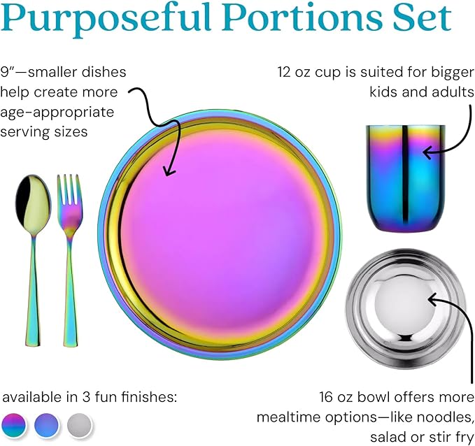 Ahimsa Stainless Steel Kids Dishes, Pediatrician Designed Complete 5 Piece Kids Plates and Bowls Set, Non Toxic & Unbreakable Stainless Steel Plate, Cup and Kid Utensils, Rainbow