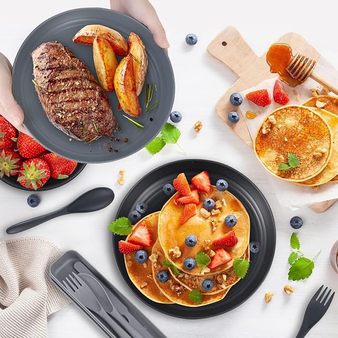 Wheat Straw Dinnerware Sets for 4, Wheat Straw Plates and Bowls Sets Kitchen Dishes 28pcs College Dorm Room Essentials Cutlery Set Microwave Safe (Blue)