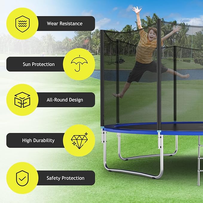 Giantex Trampoline Safety Net, 8 10 12 14 15 16Ft Weather-Resistant Replacement Enclosure Net for Round Frame, with Double-Headed Zippers, Protection Buckles & Enhanced Hook, Poles Not Included