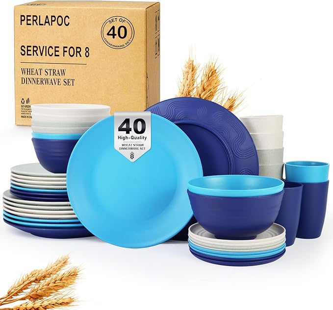 Dinnerware Set 40 PCS Wheat Straw Dishes Set - Service for 8 Unbreakable Plastic Dish Set Microwave Safe Plates and Bowls Sets Lightweight Cups Sets Outdoor Dishes - Island Colors