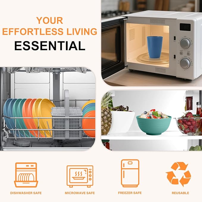 Wheat Straw Dinnerware Sets for 8, Unbreakable Plates and Bowls Sets for 8, 32-Piece Dishes Set, Microwave Safe Plastic Plates Reusable, Cups and Bowls Sets for Kitchen, Outdoor - Multi