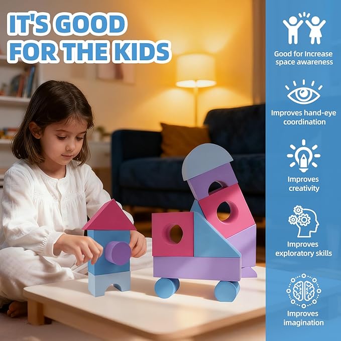 Large Building Foam Blocks for Toddlers, EVA Stacking Foam Building Blocks Toy Set, Non-Toxic, Washable, Early Learning Construction Toys & Gifts for Kids Boys & Girls (Pink, Pieces, 30)