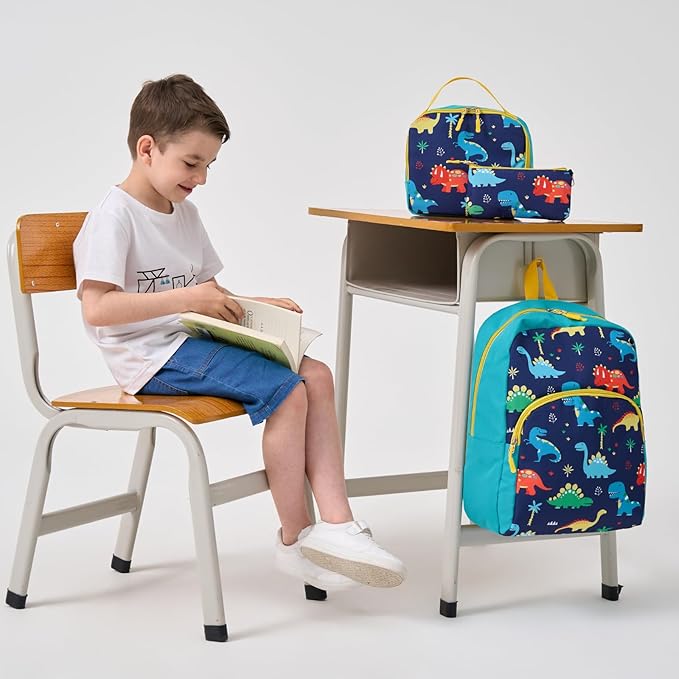 Cokouchyi 3 Pcs Kids Backpack Set with Lunch Box & Pencil Case, Lightweight Preschool Backpack for Boys Age 3-8, Kids Book bag Elementary, Dinosaur