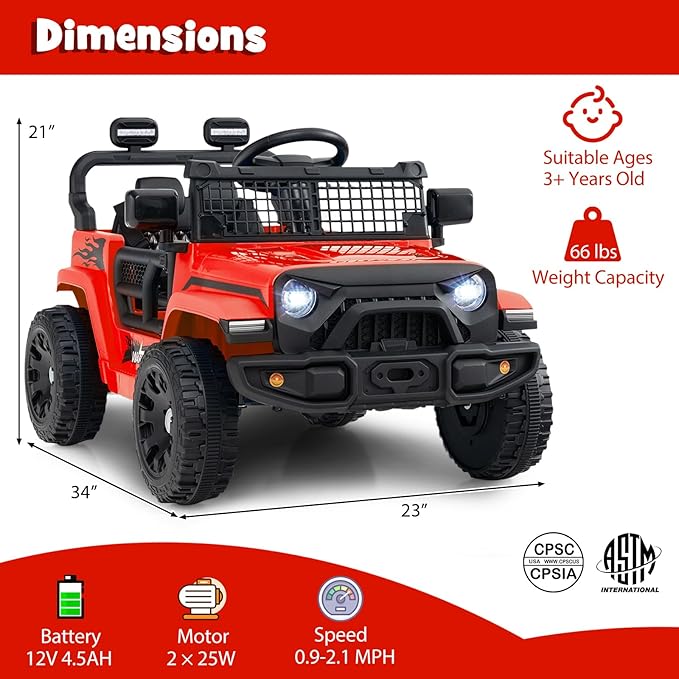 Costzon Kids Ride on Car Truck, 12V Electric Vehicle w/Foldable Mirrors, 3 Speeds, LED Lights, Music & Horn, Ride on Toys Remote Control Car for Toddlers, Boys & Girls (Red,34" × 23" × 21")