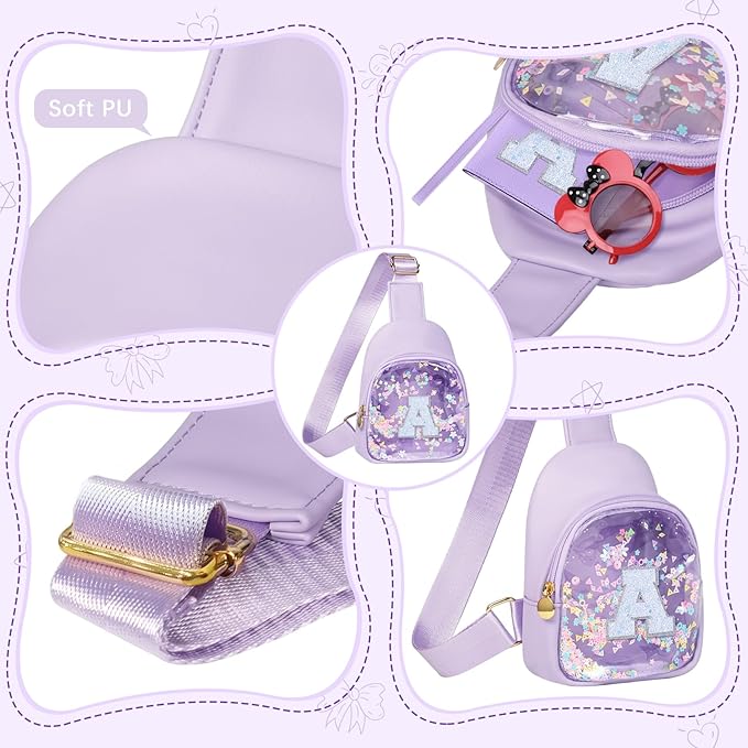 COSHAYSOO Top Coolest Birthday Gifts for 2 3 4 5 6 7 Year Old Girls Travel Trip Favors, Small Mini Purple Sling Bag Crossbody Chest Purse for Little Girl Kids Child Monogrammed Initial Letter A