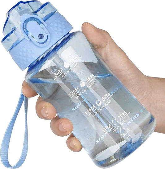 OLDLEY 12oz Kids Motivational Water Bottle With Silicone Straw, Leak-Proof Tritan BPA-Free, Reusable for School Girls & Boys, Baby Blue