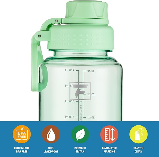 Fanhaw 32 oz Clear Water Bottle with Fast-Flow Spout Lid, BPA-Free Tritan, Wide Mouth, Leakproof, Reusable Bottle for Gym, School, Office, Travel (Glow Green)