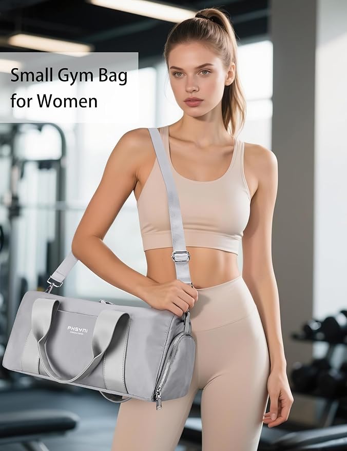 Compact Sports Gym Bag for Women and Men, Cute Mini Duffle Bag with Wet Pocket & Shoes Compartment, Personal Item Travel Workout Bag, 16"-Small, Grey