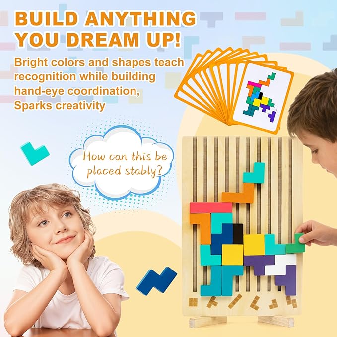 Wooden Montessori Russian Blocks Puzzle – 3D Stacking Toy for 3-6 Year Olds Toddlers Educational Gift & Brain Teaser for Critical Thinking Montessori Brain Blocks for Boys & Girls (Classic)