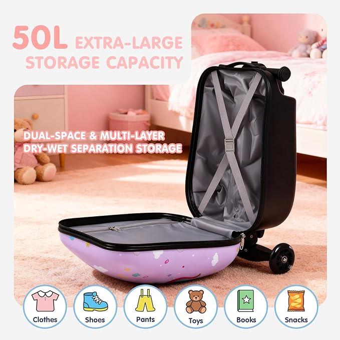 smilesun 4-in-1 Detachable Scooter Suitcase for Kids & Teenagers, Lightweight Hardside Ride-On Suitcase, Foldable Design, Perfect Travel Gift for Girls (Purple, 22-inch)